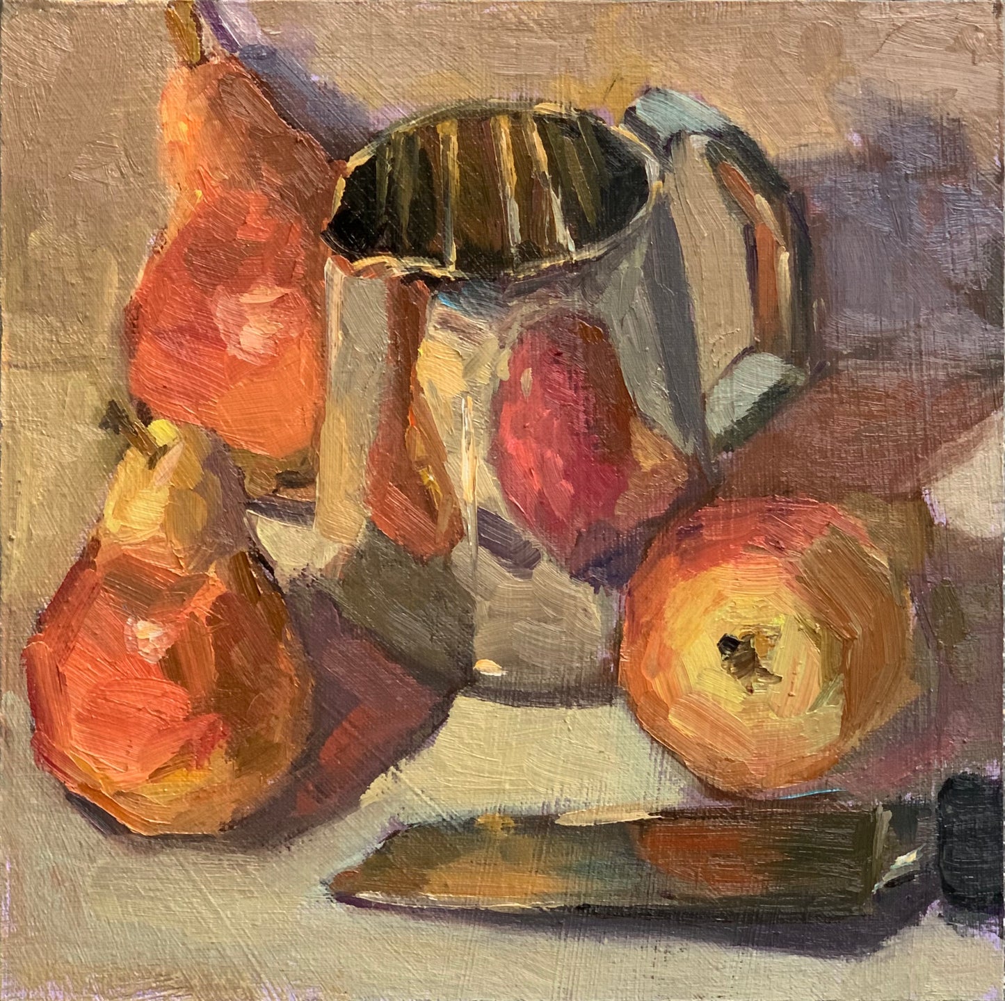 Original Oil Painting - Red Pears and Silver