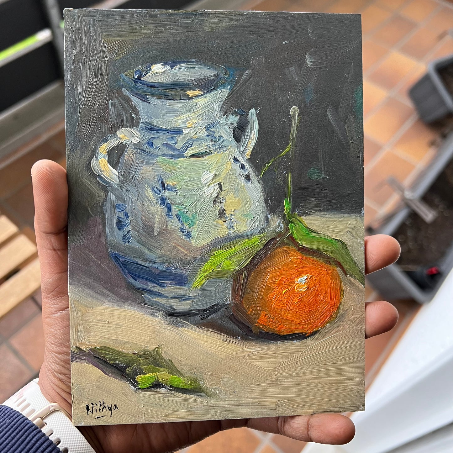 Small Stilllife Painting - Orange and Ceramic jar