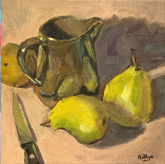 Origial Oil Painting - Pear reflections on Black