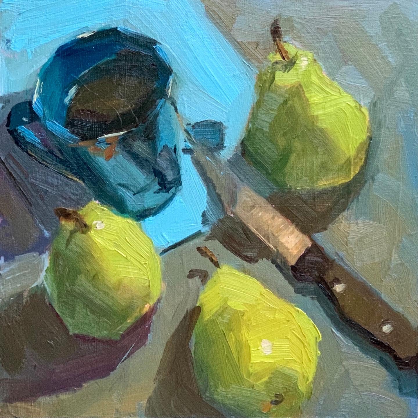 Green Pears and Tea - Original Oil Painting