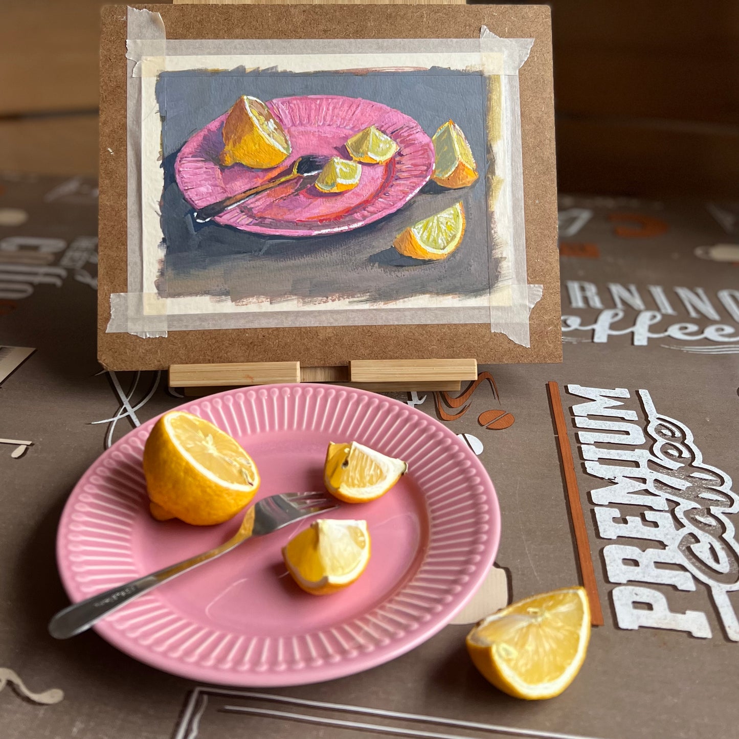 Lemons on Pink 2 - Small Still Life Gouache Painting
