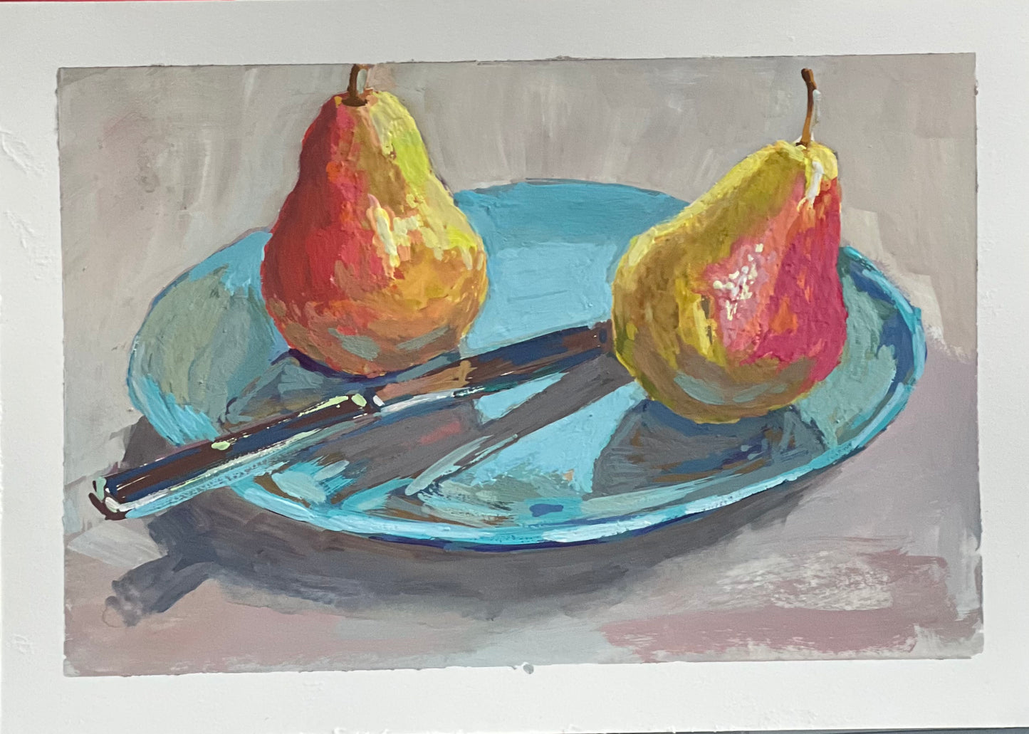 Pears on blue plate - Gouache painting