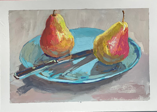 Pears on blue plate - Gouache painting