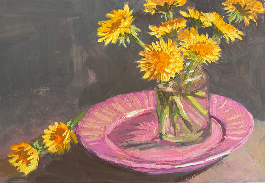 Dandelions on Pink - 2 - Gouache Painting