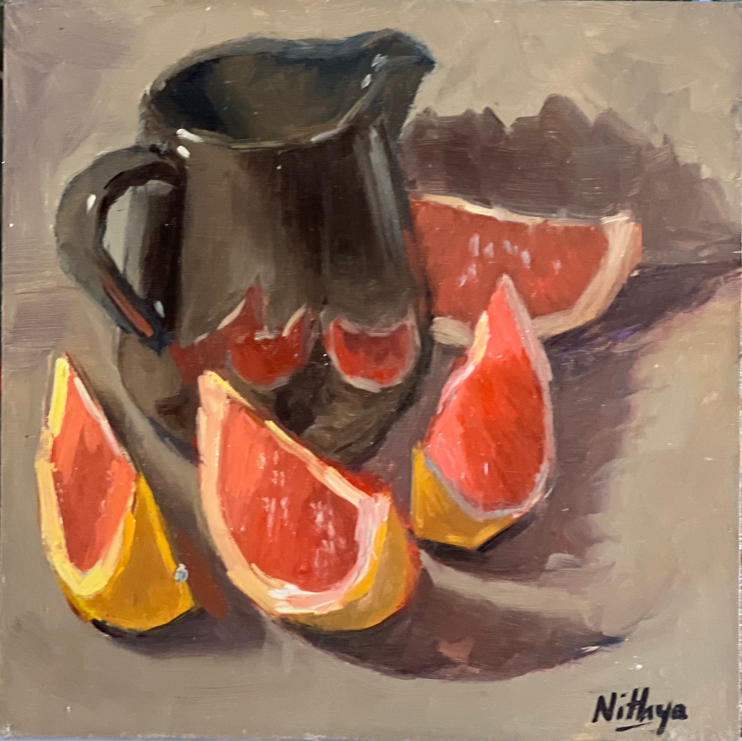 Small Painting - Grapefruit Slices and Black Jar
