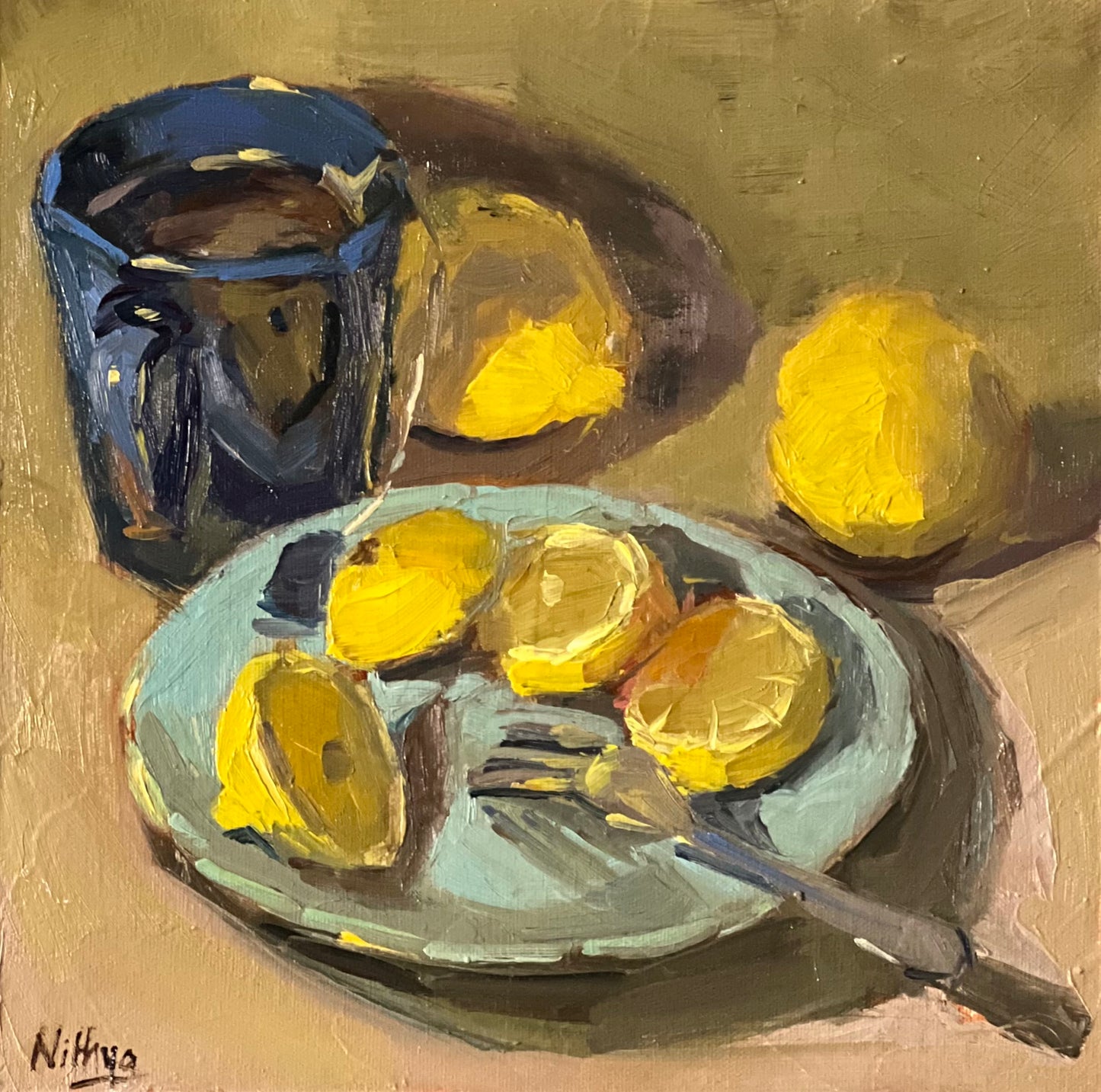 Lemon slices with tea! - Small oil painting, 8 by 8 inches
