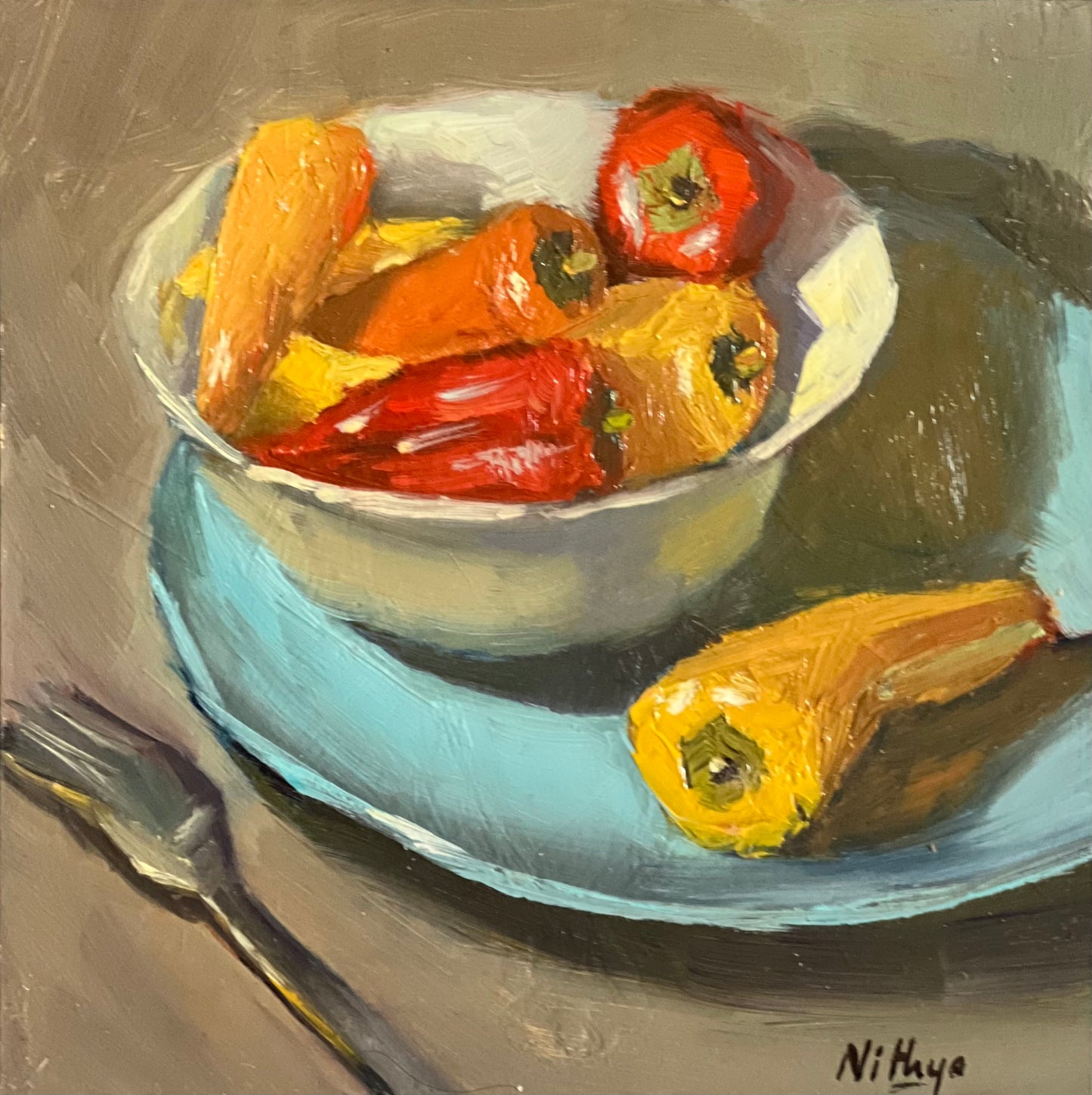 Small Painting - Red and Yellow Peppers in a Bowl