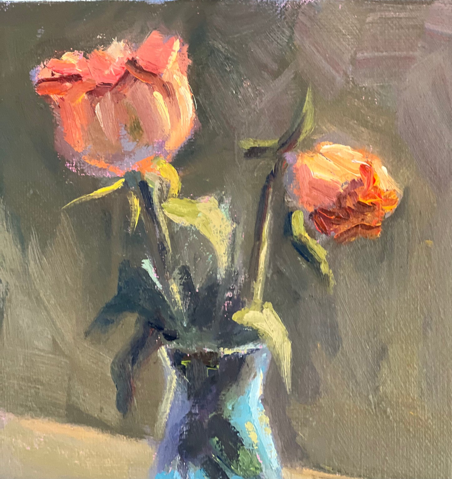 Oil Painting of Roses - Orange roses by the window