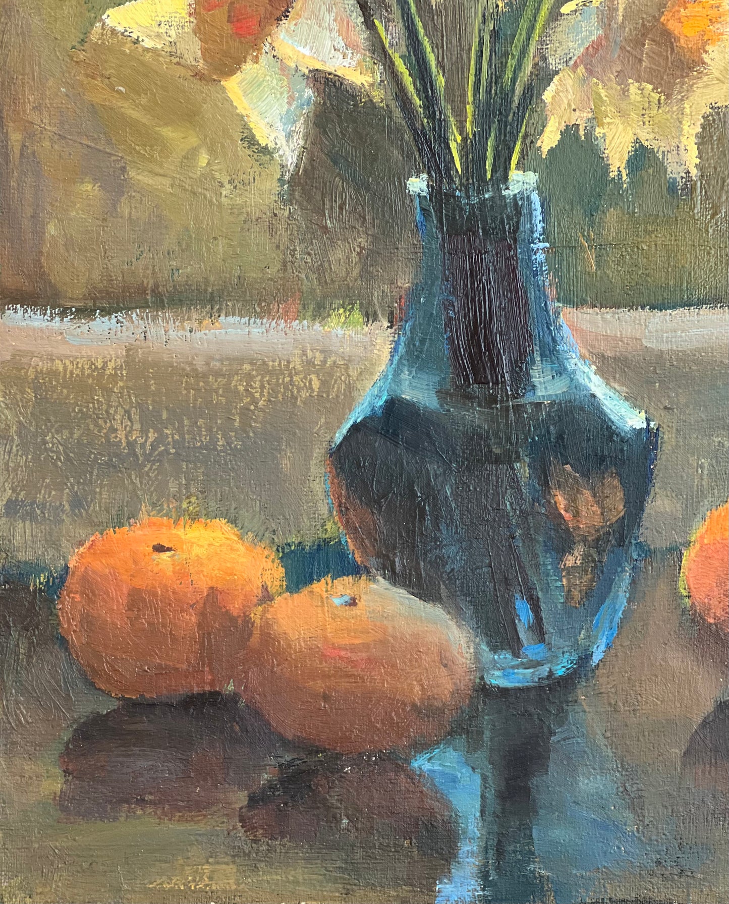 Still Life Oil Painting - Backlit Daffodils and Oranges