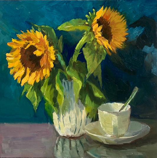 Sunflowers on Blue - Original Still Life Oil Painting, 12 by 12 inches