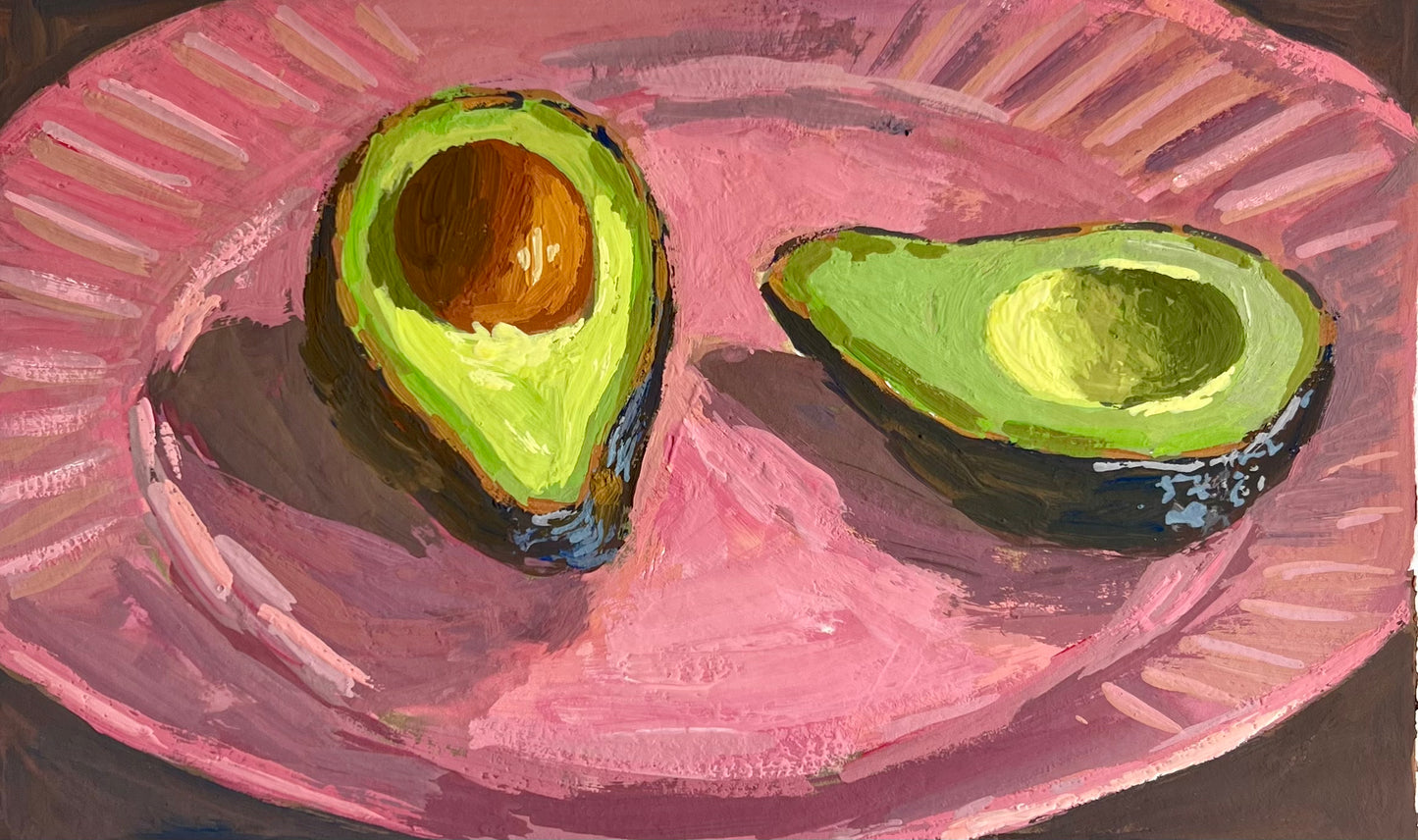 Gouache Painting: Avocado halves on Pink