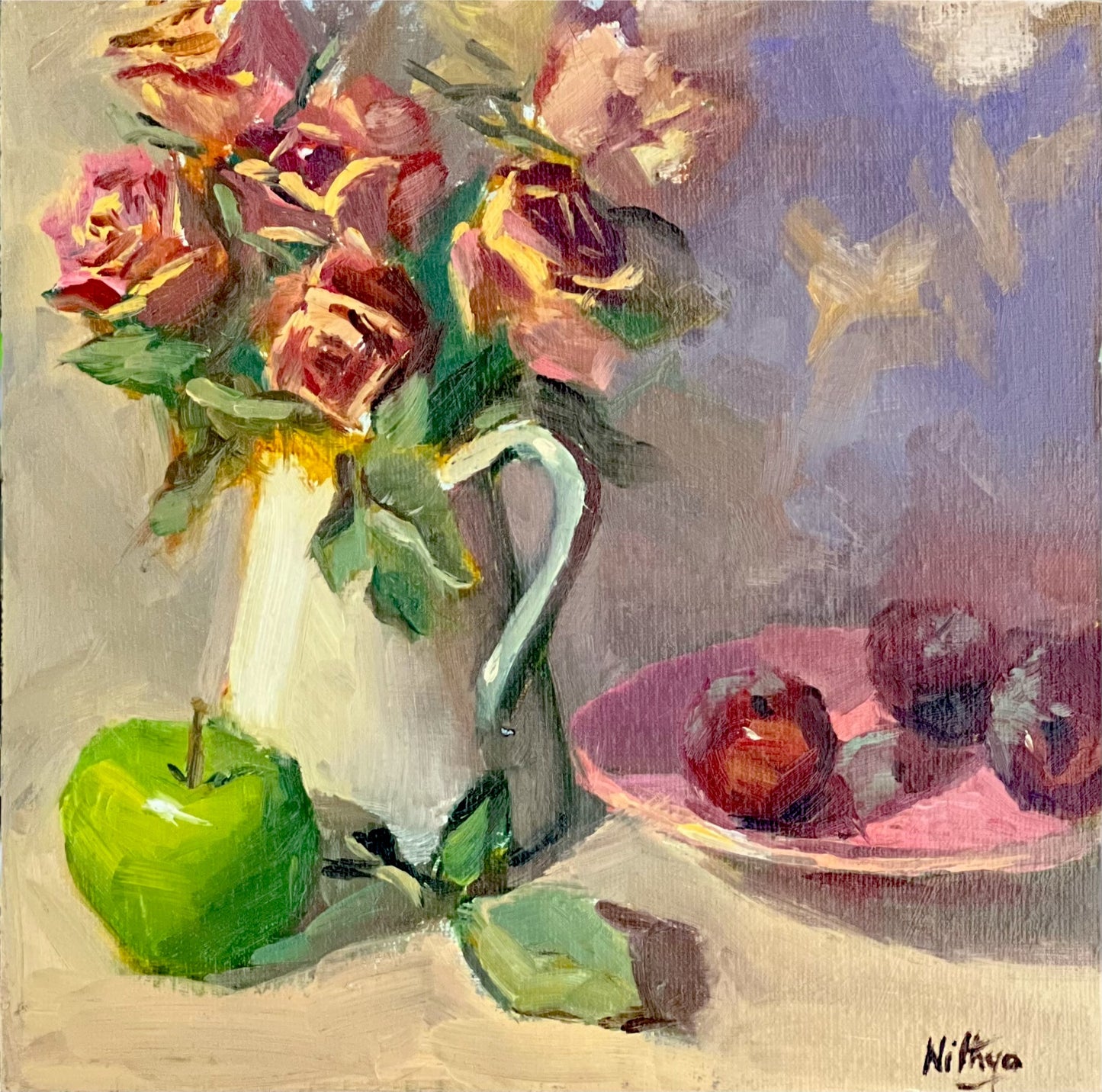 Still life with Roses and Plums - Original Oil Painting