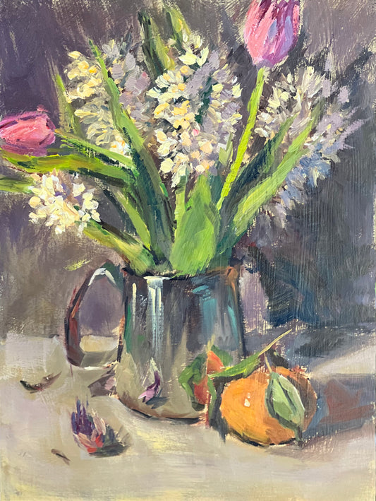 Small Floral Painting - Hyacinths in a metal jar