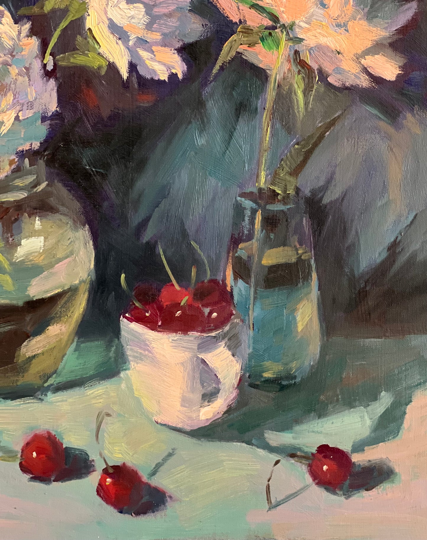 Peony Nocturne with Cherries!  - Large Original Oil Painting of Peony Flowers