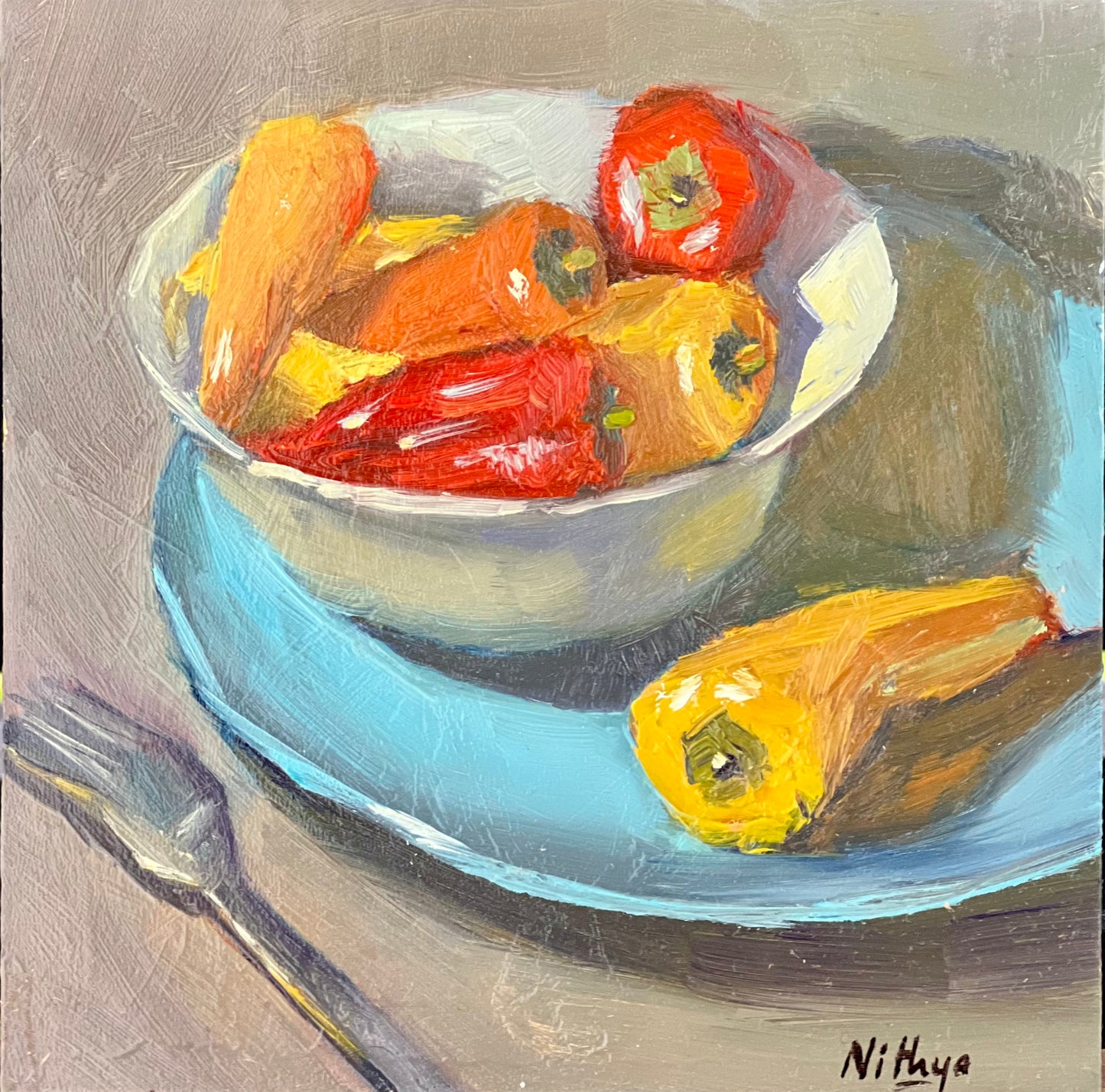 Small Painting - Red and Yellow Peppers in a Bowl
