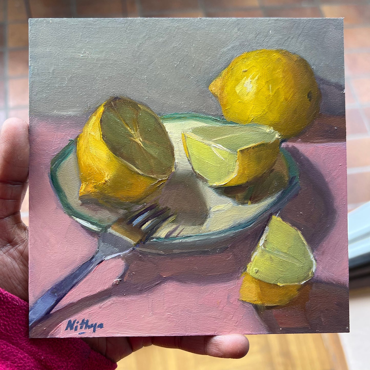 Lemons on Pink - Small Still Life Oil Painting