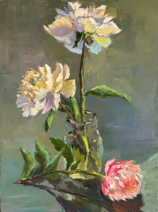 White and pink peonies - Original Oil Painting of Flowers