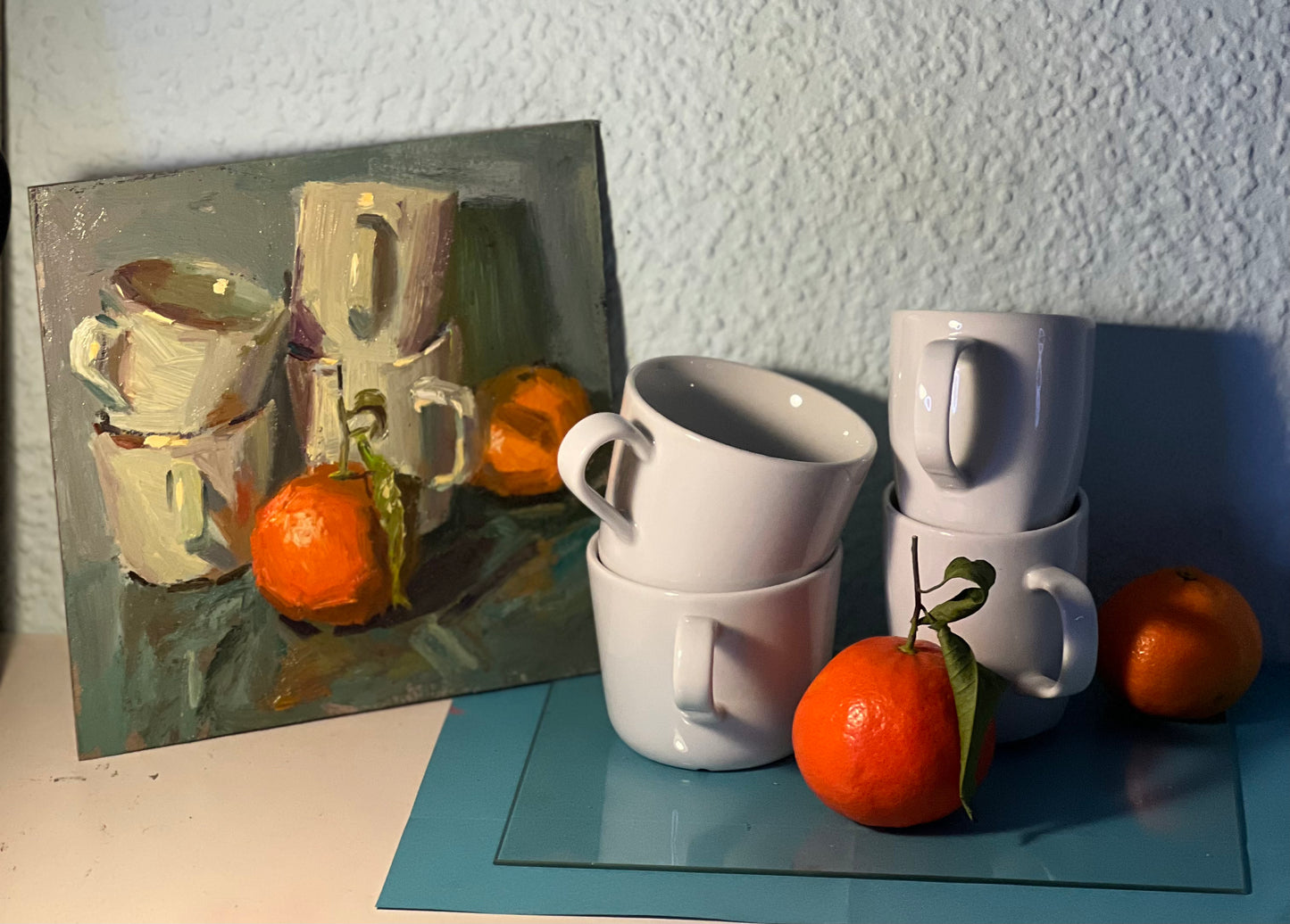 Oranges and Cups on Blue! - Still Life Oil Painting
