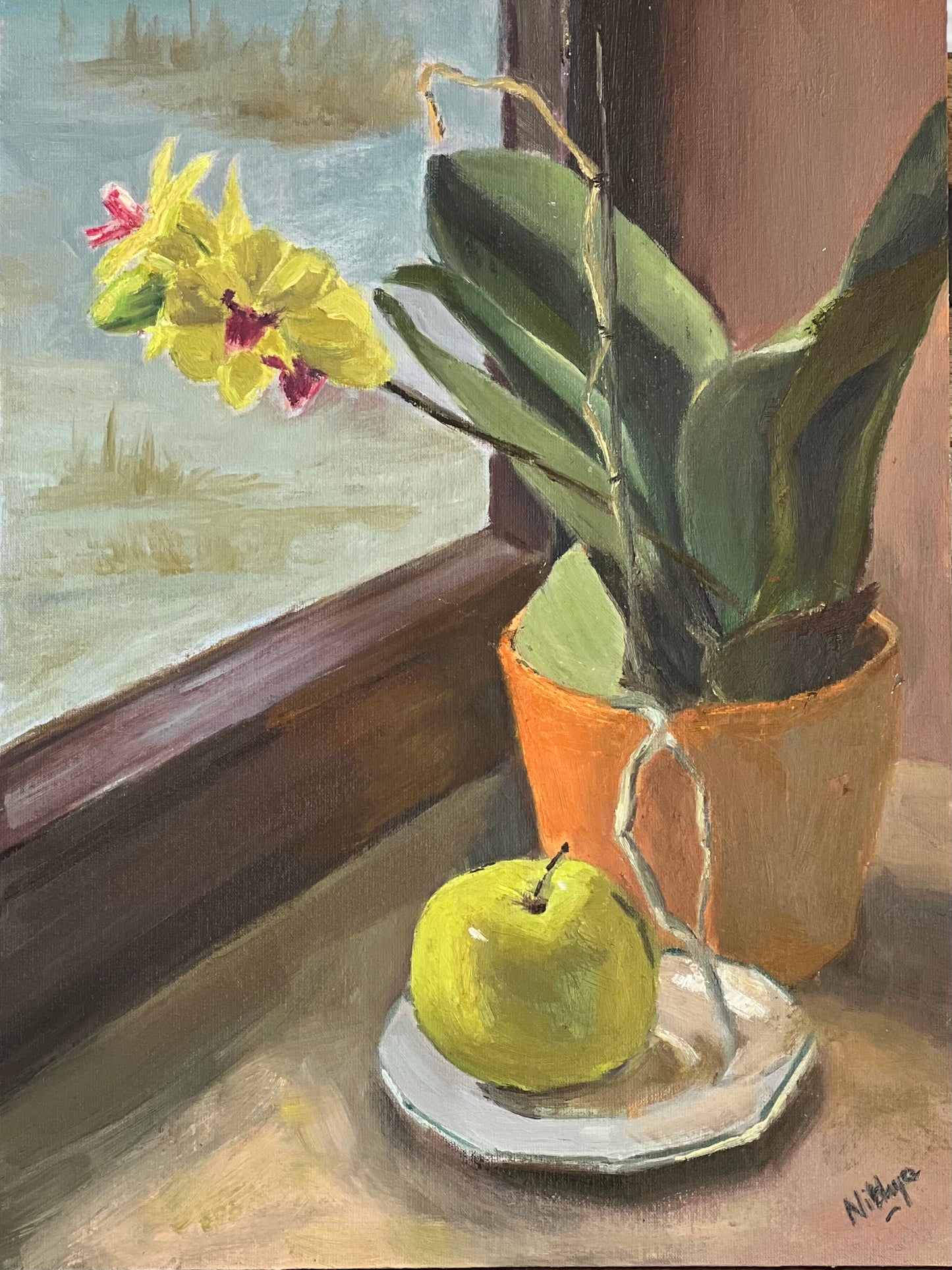 Still Life Oil Painting - Orchids and Apple on a windowsill