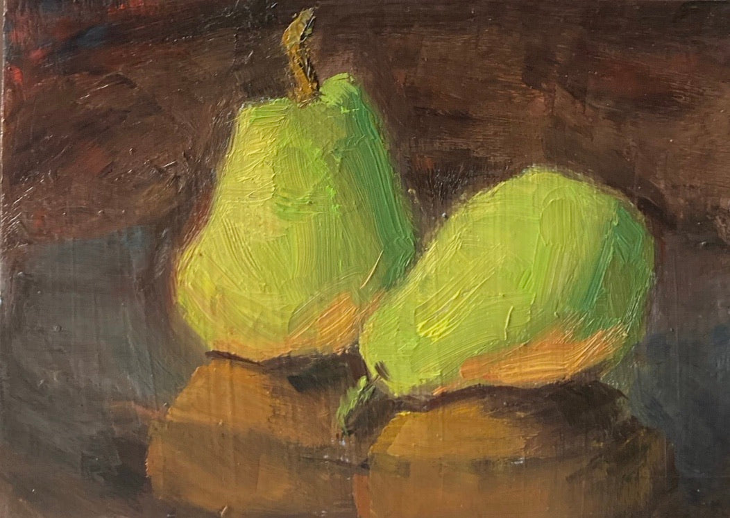 Small still life painting - Pears on copper