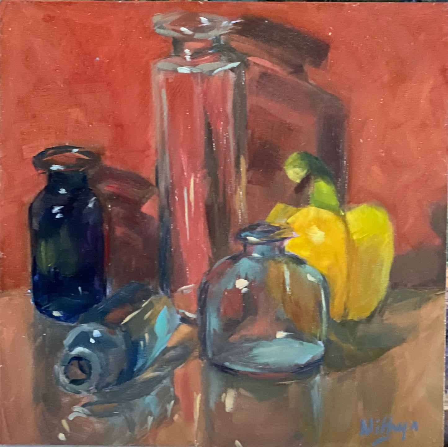 Small Oil Painting - Bottles and reflections