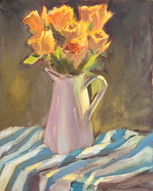 Yellow Roses in the sun - Original Oil Painting
