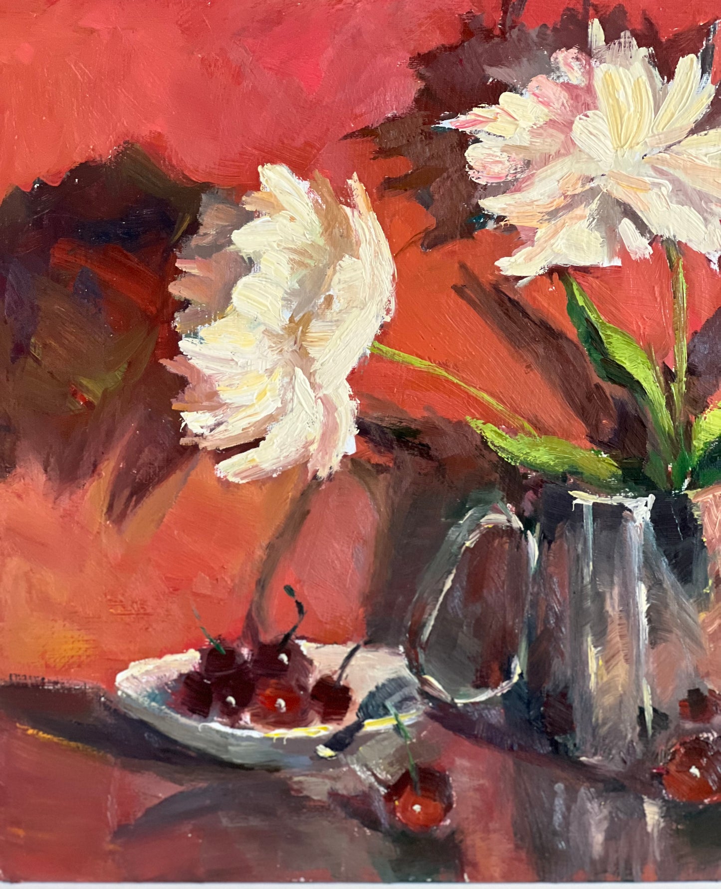 Peonies and Cherries Reflections - Still Life Oil Painting