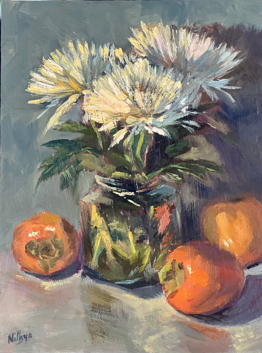 Persimmons and Mums - Original Oil Painting