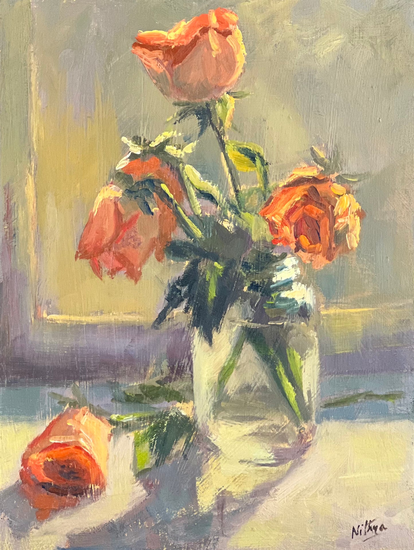 Oil Painting of Roses - Orange roses in the evening sun