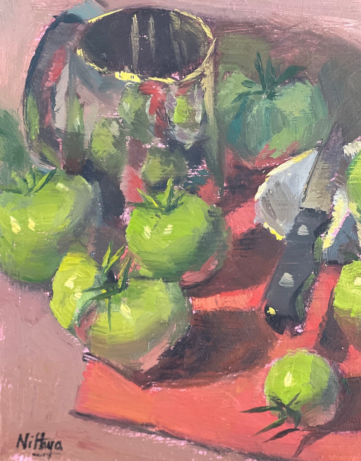 Still Life oil painting - Bunch of green tomatoes!