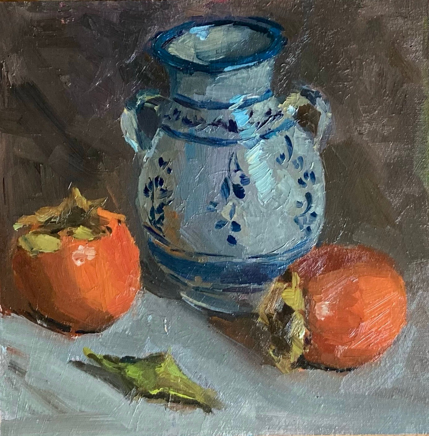 Stilllife Oil Painting - Ceramic Jar and Persimmons
