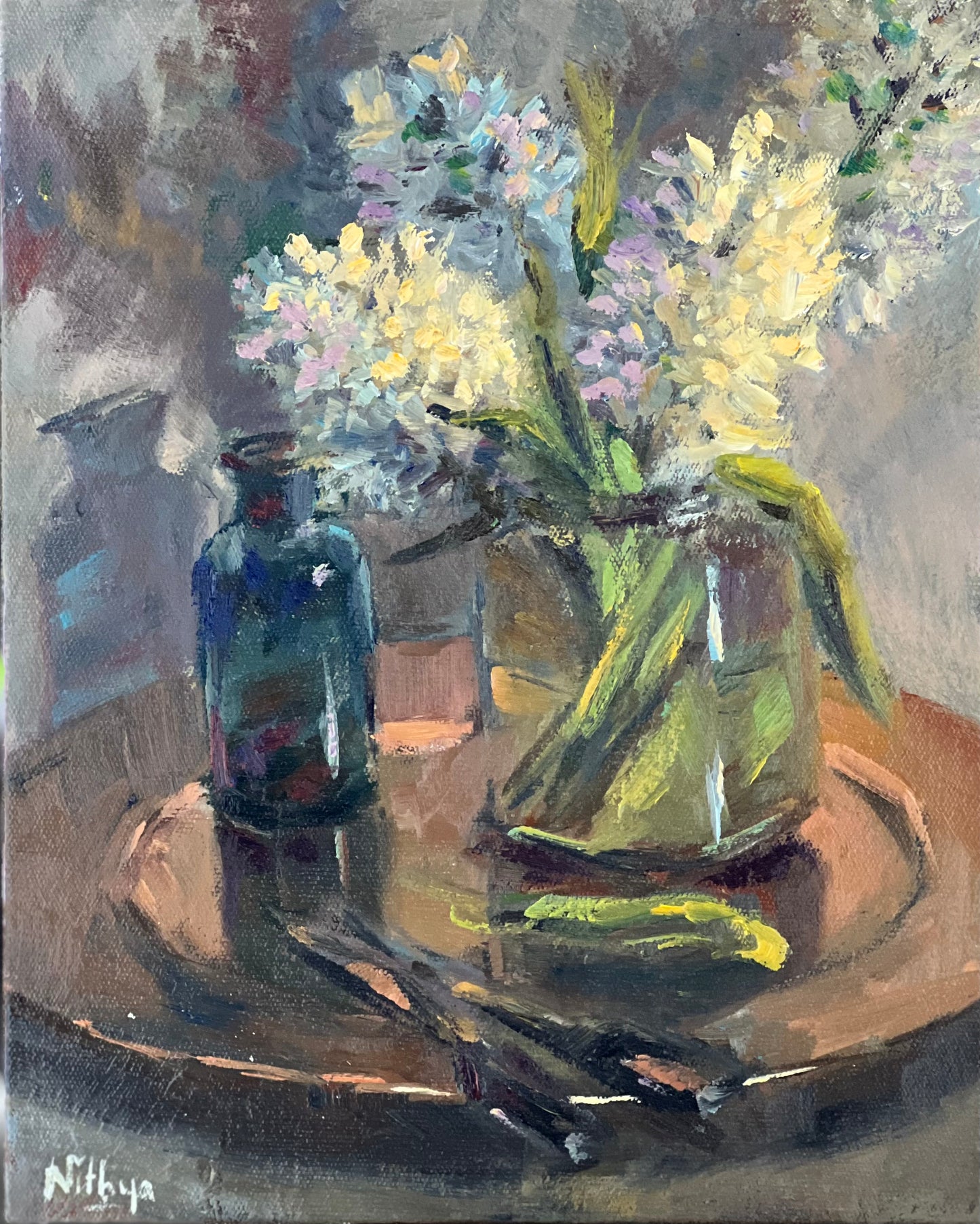 Small Floral Painting - White Hyacinths on copper