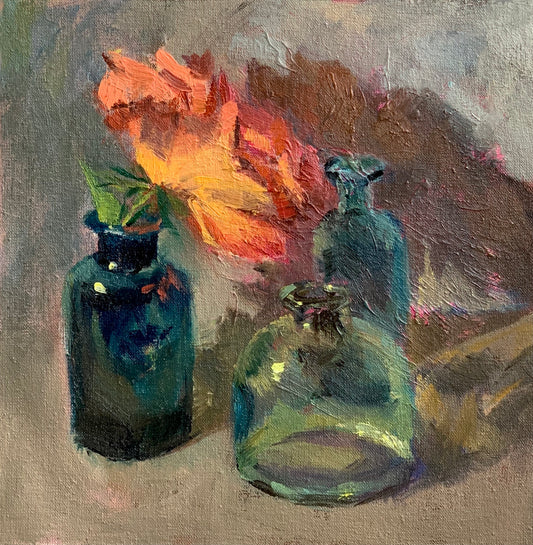 Three bottles and a rose - original oil painting