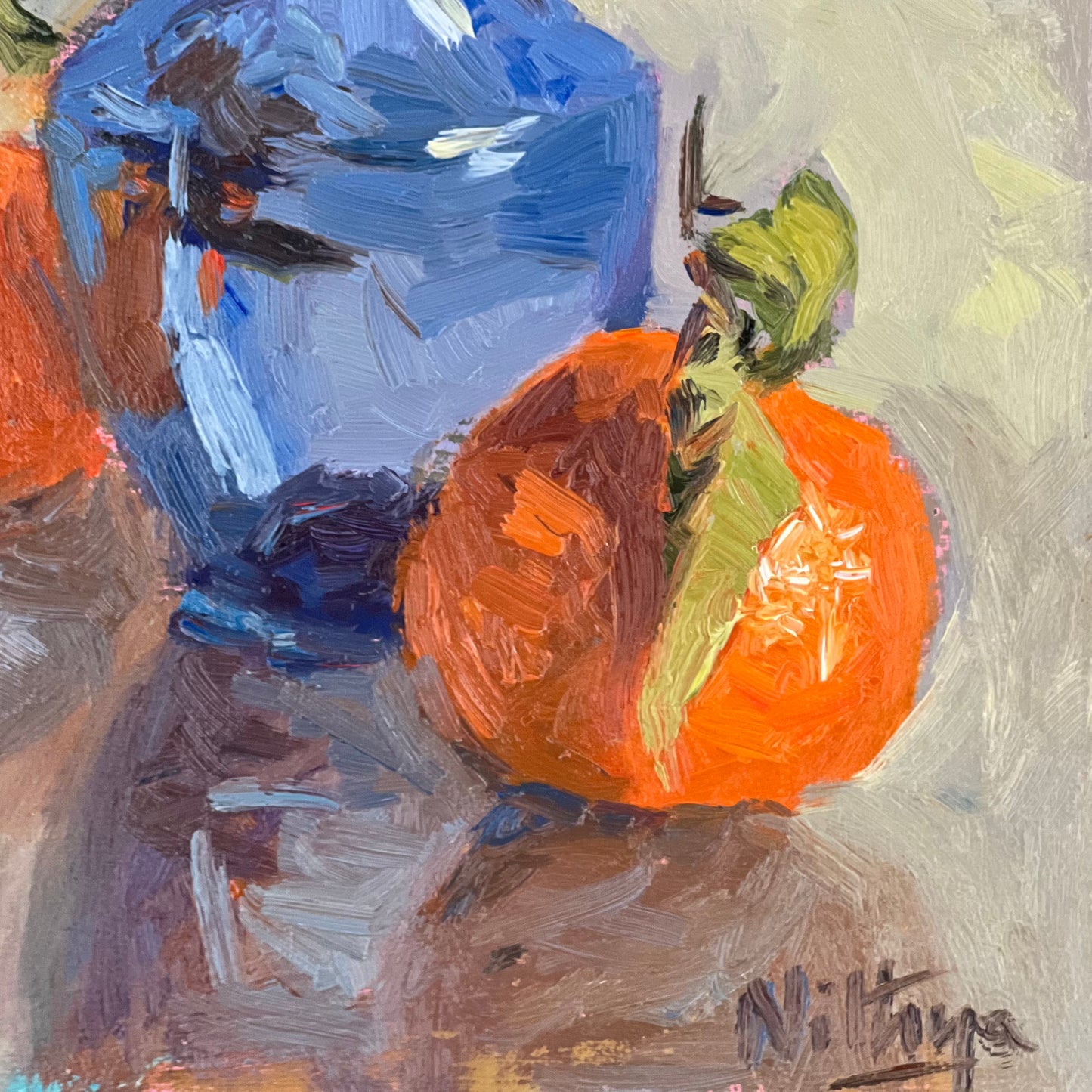 Mandarines with a blue glass! - Still Life Oil Painting