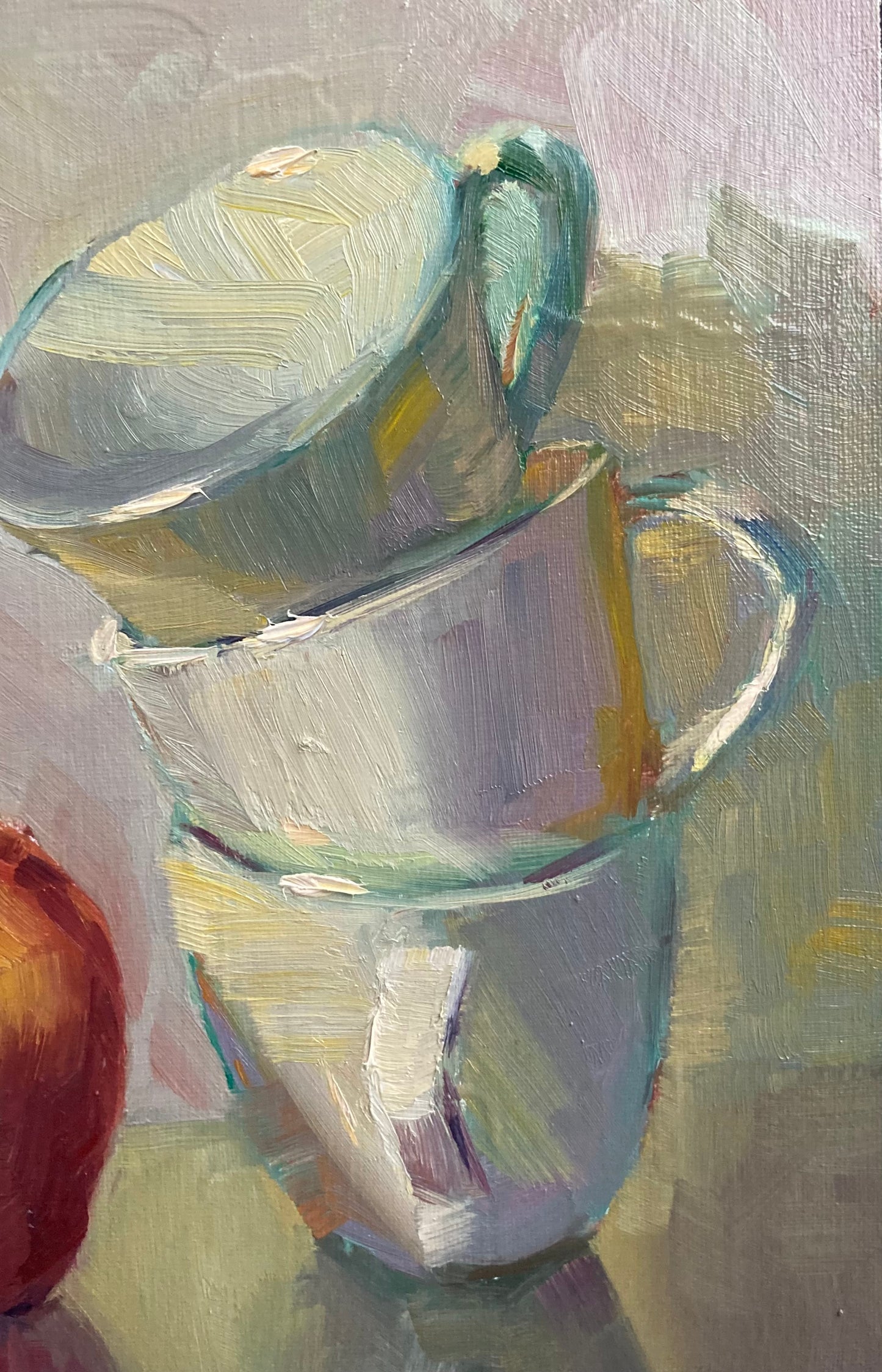 Apple and cups - Small Original Oil Painting