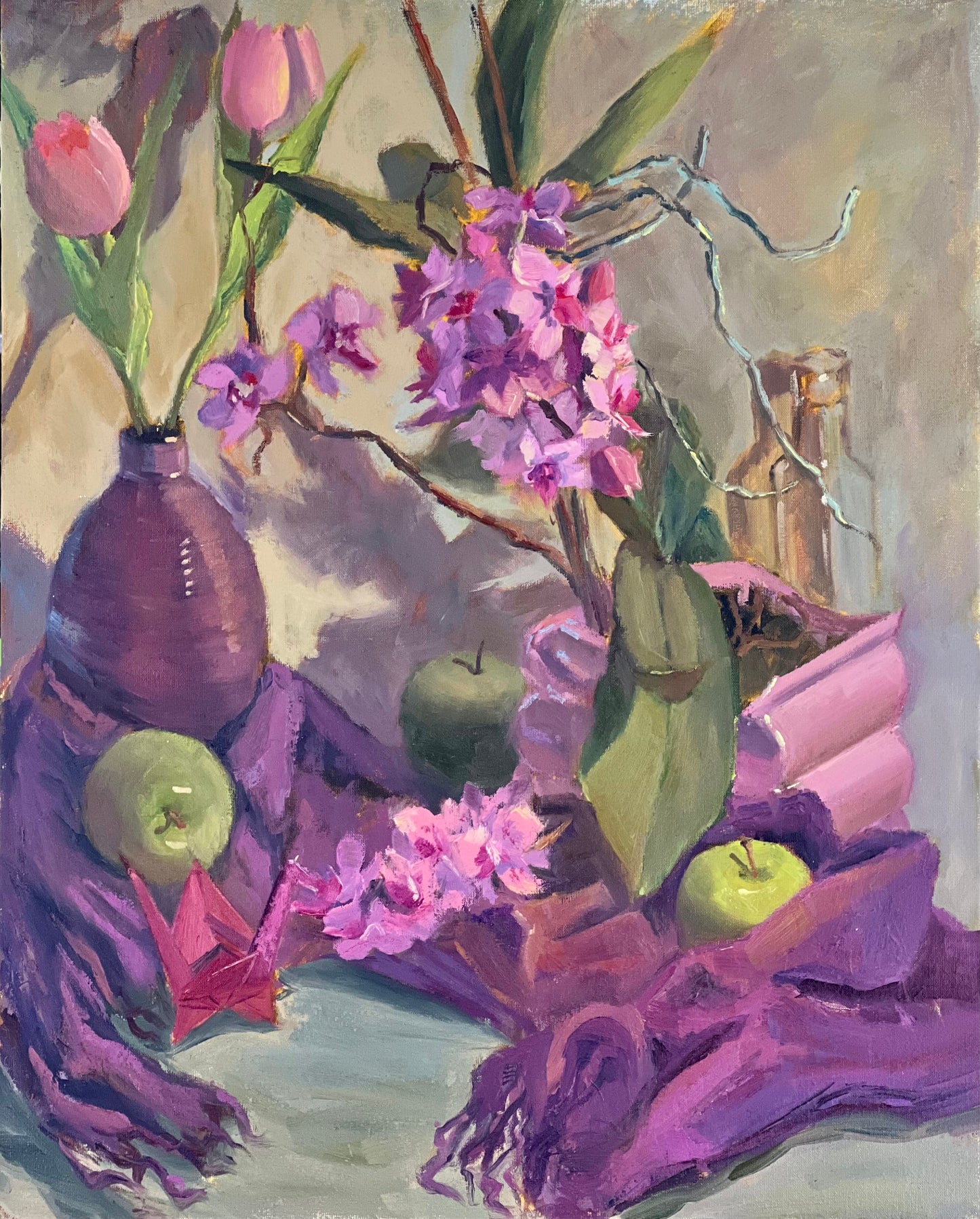 Large Floral Oil Painting - Orchids and Apples!
