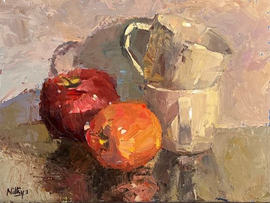 Apples and Cups - Textured oil painting
