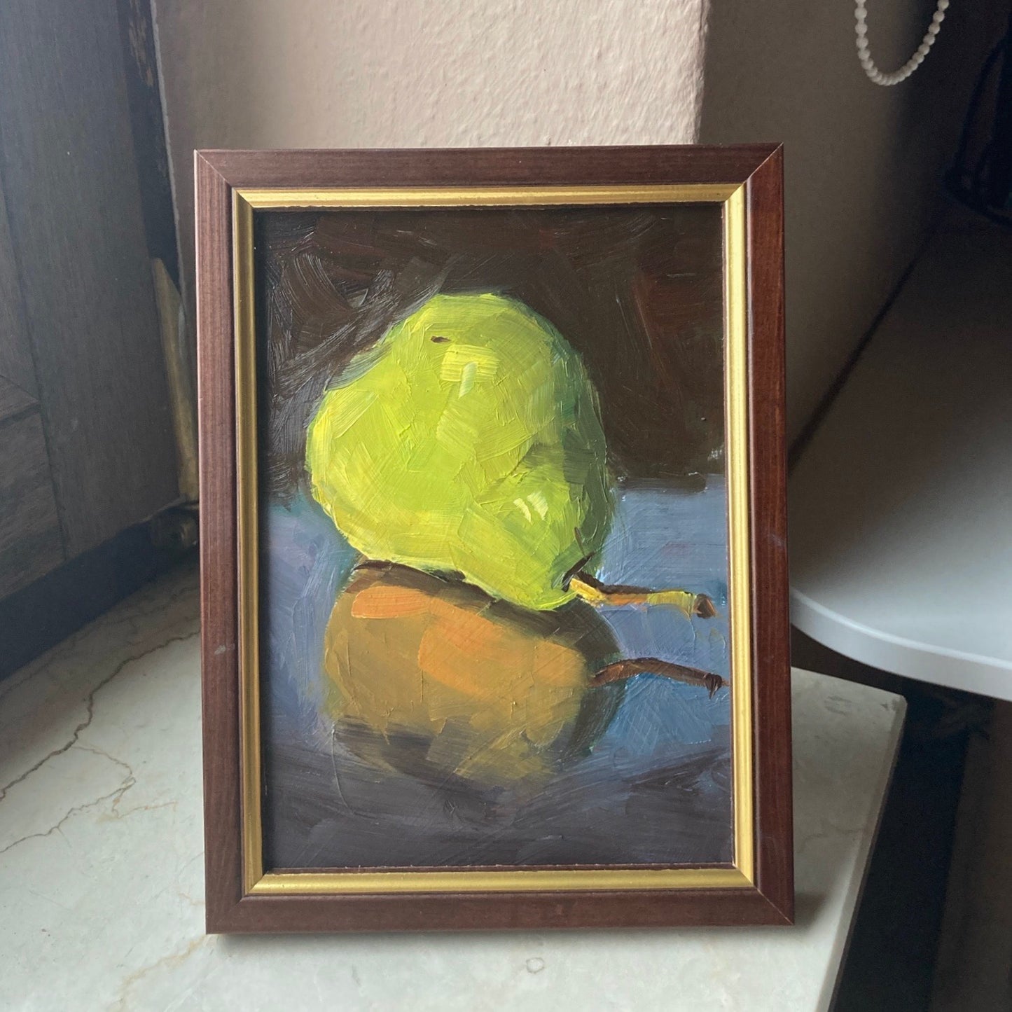 Small Stilllife Painting - Pear on a Copper plate