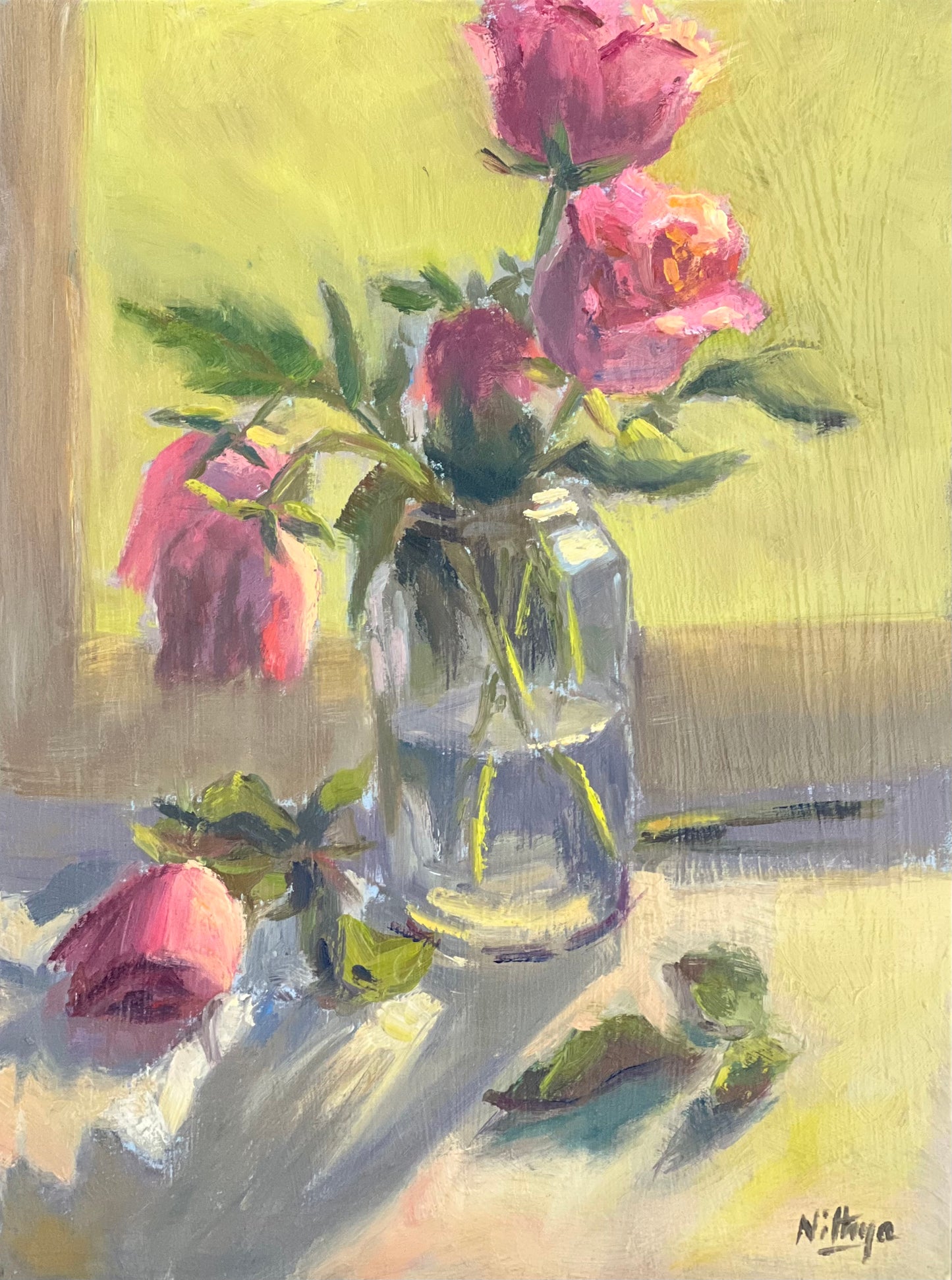 Oil Painting of Roses - Backlit Pink wilting roses