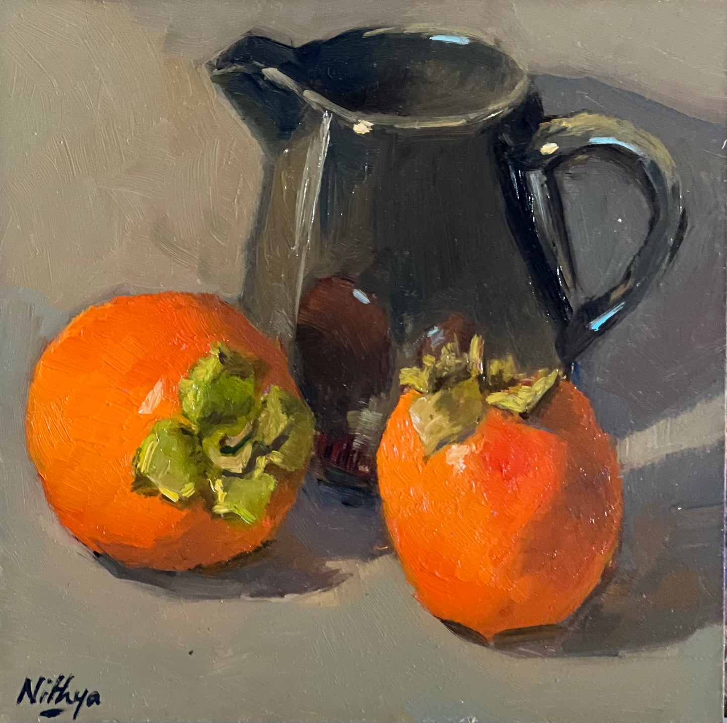 Small Painting - Persimmons and Black Jar