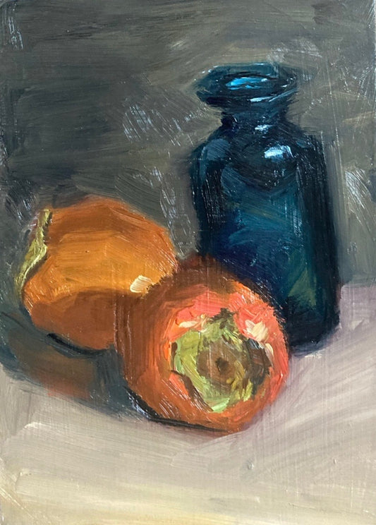 Small Still Life with Persimmons and Blue glass