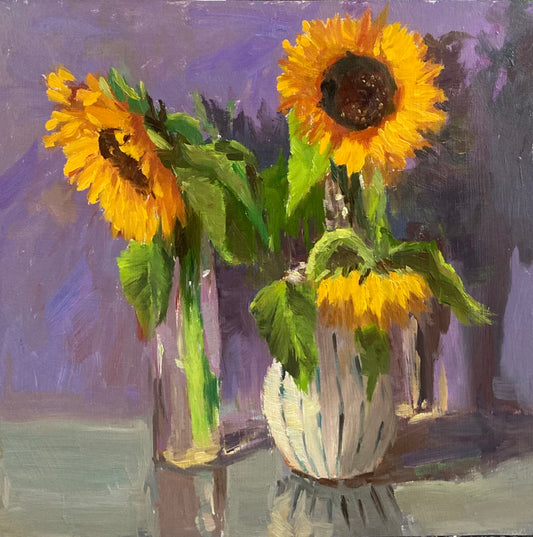 Sunflowers on Purple - Original Still Life Oil Painting, 12 by 12 inches
