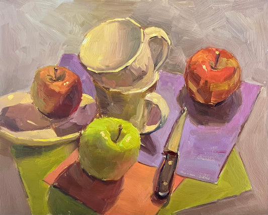 Still Life Oil Painting - Top view of Apples and Cups!