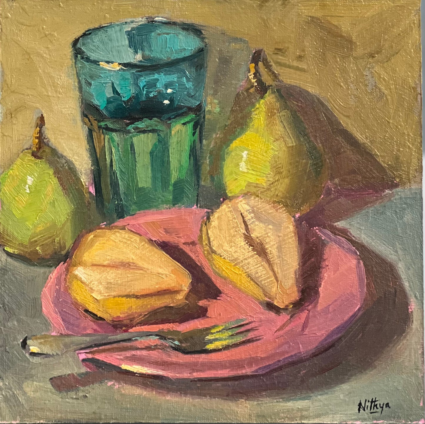 Pears with a blue glass - Small oil painting, 8 by 8 inches