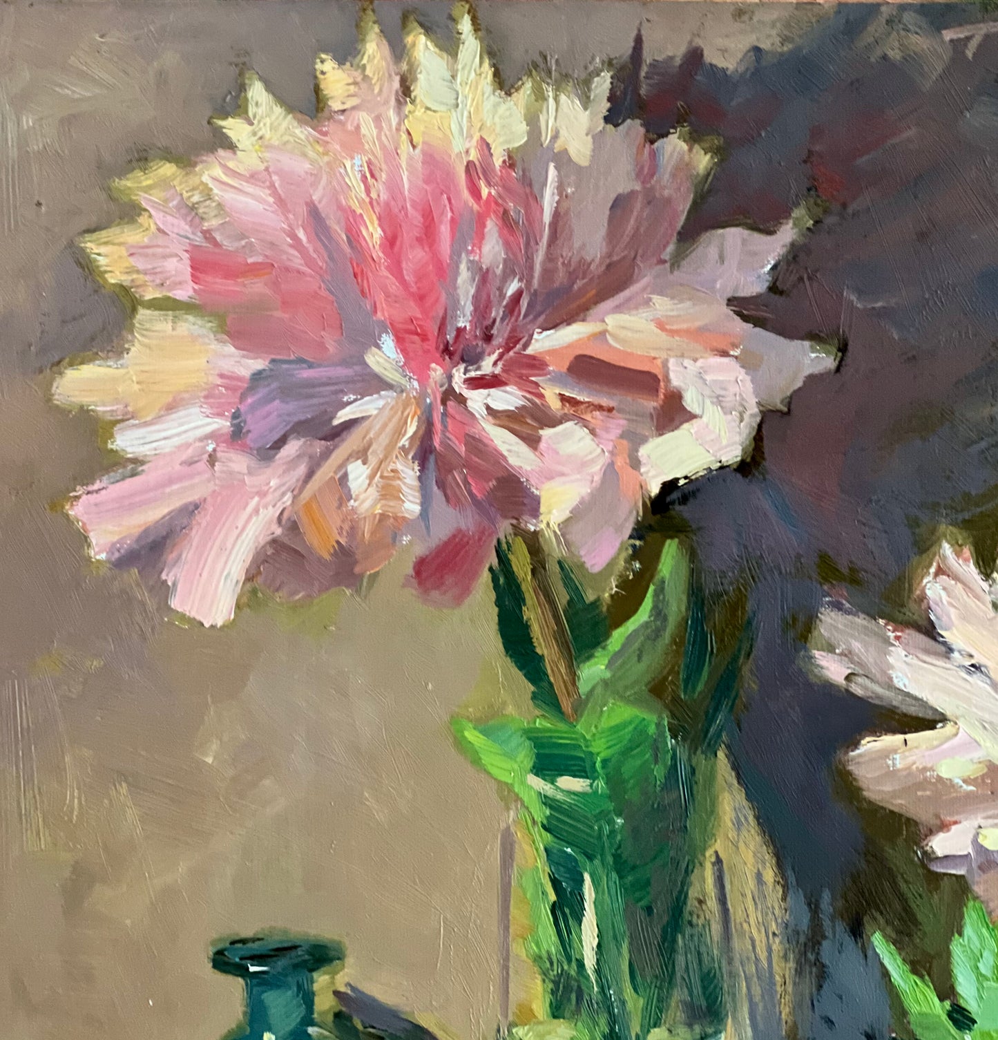 Pink Peonies in the spotlight - Original Oil Painting of Flowers