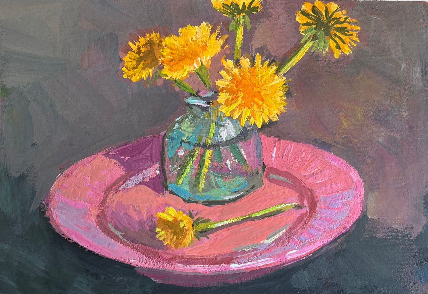 Dandelions on Pink - 5 - Gouache Painting