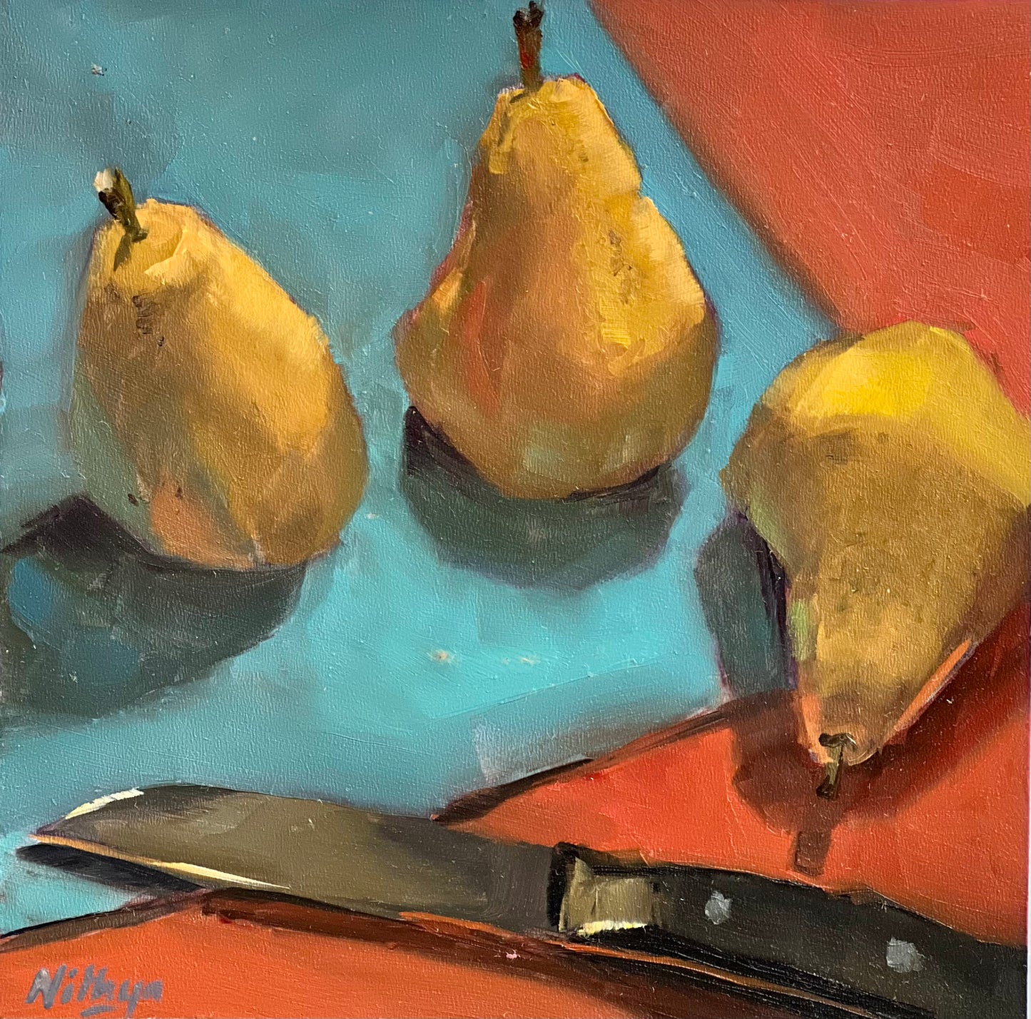 Small Oil Painting - Pears and Knife