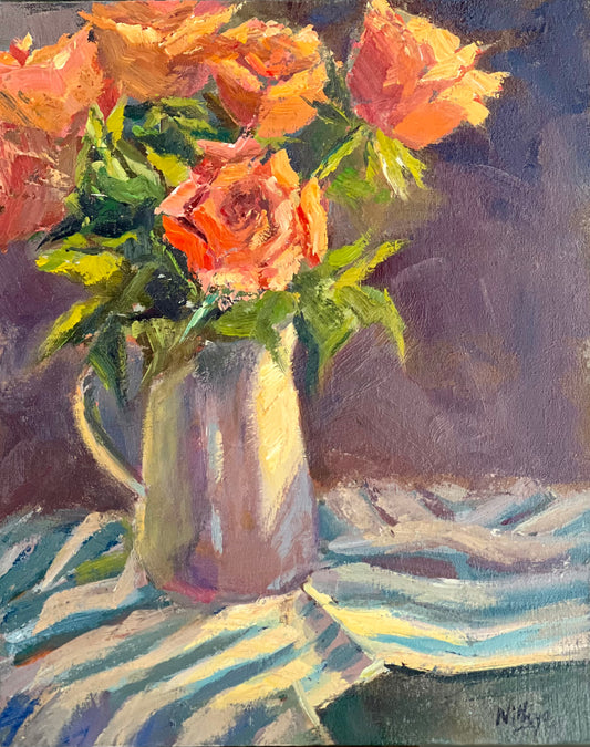 Orange roses and stripes - Original Oil Painting