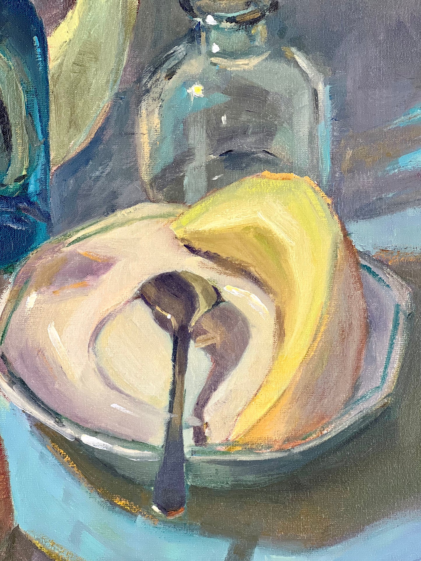 Large Still Life Painting - Melon Slices on Blue