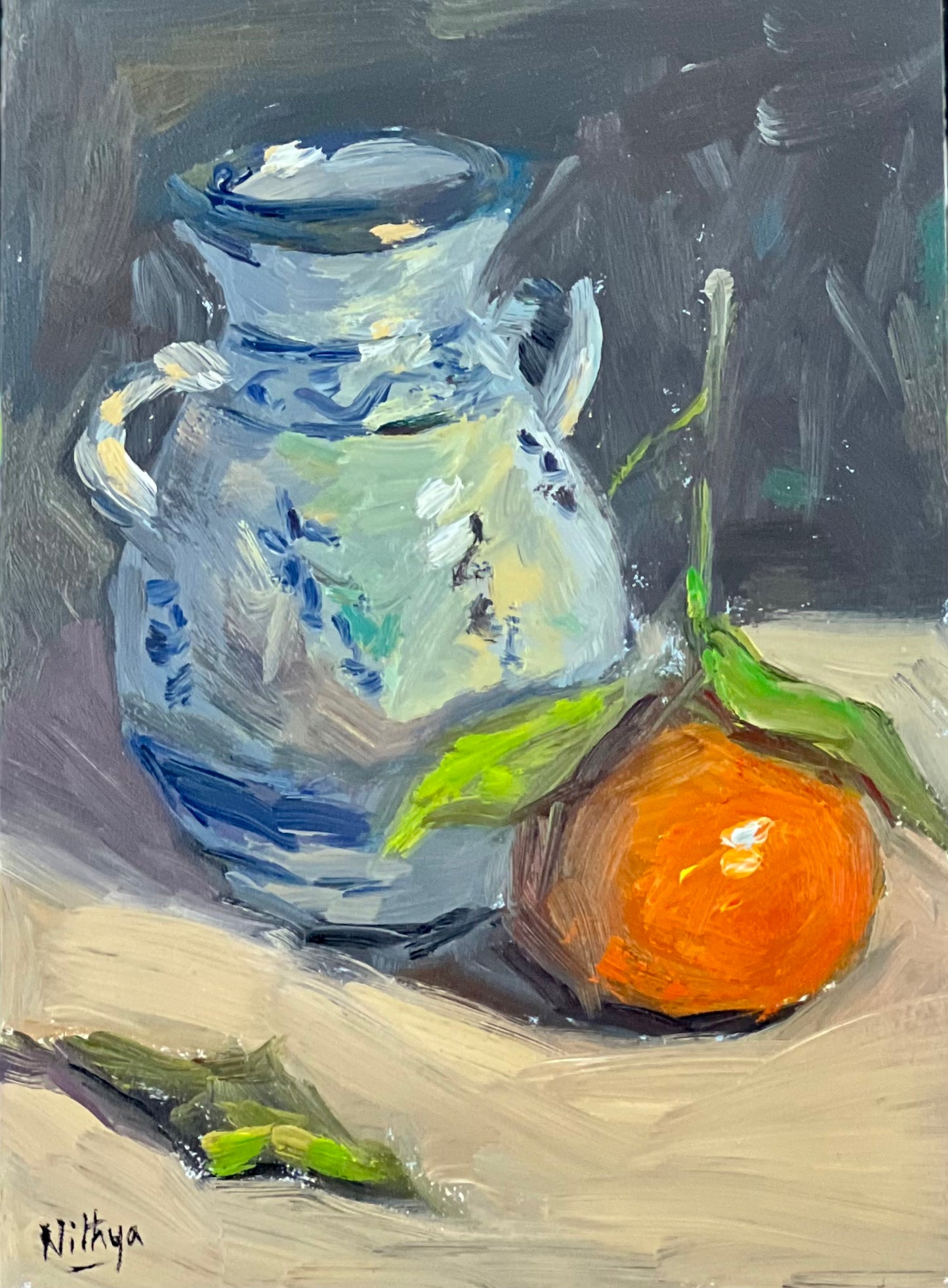 Small Stilllife Painting - Orange and Ceramic jar